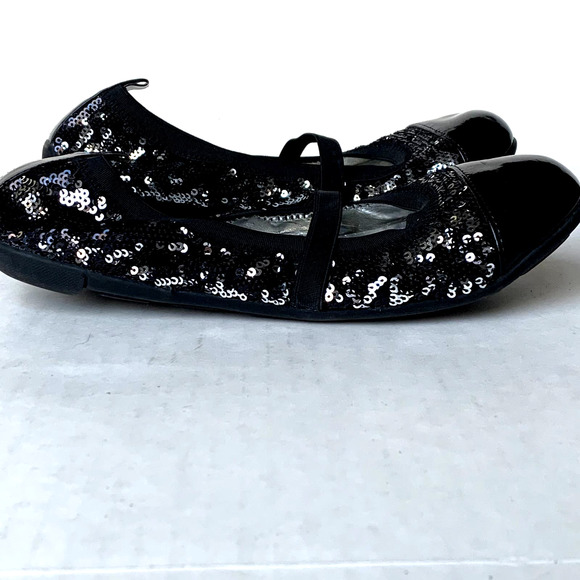 Stuart Weitzman Black Claire Sequin Patent Ballet Flats Mary Jane Elastic Size 4 - Picture 2 of 7